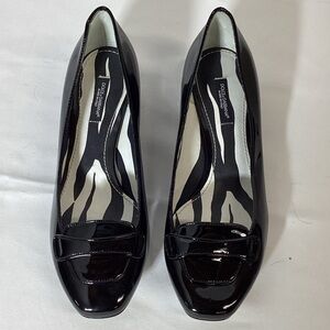DOLCE & GABBANA Black Patent Leather Block Heels Pumps Shoes Size 37 1/2 (7.5-8)